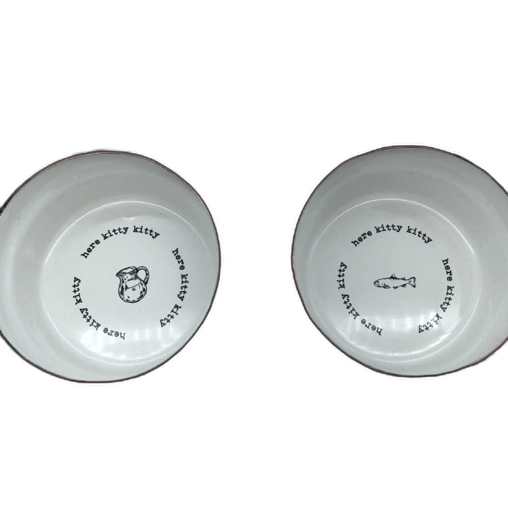 Set Of 2 Pet Bowls In Metal Feeder Here Kitty Winifred & Lily