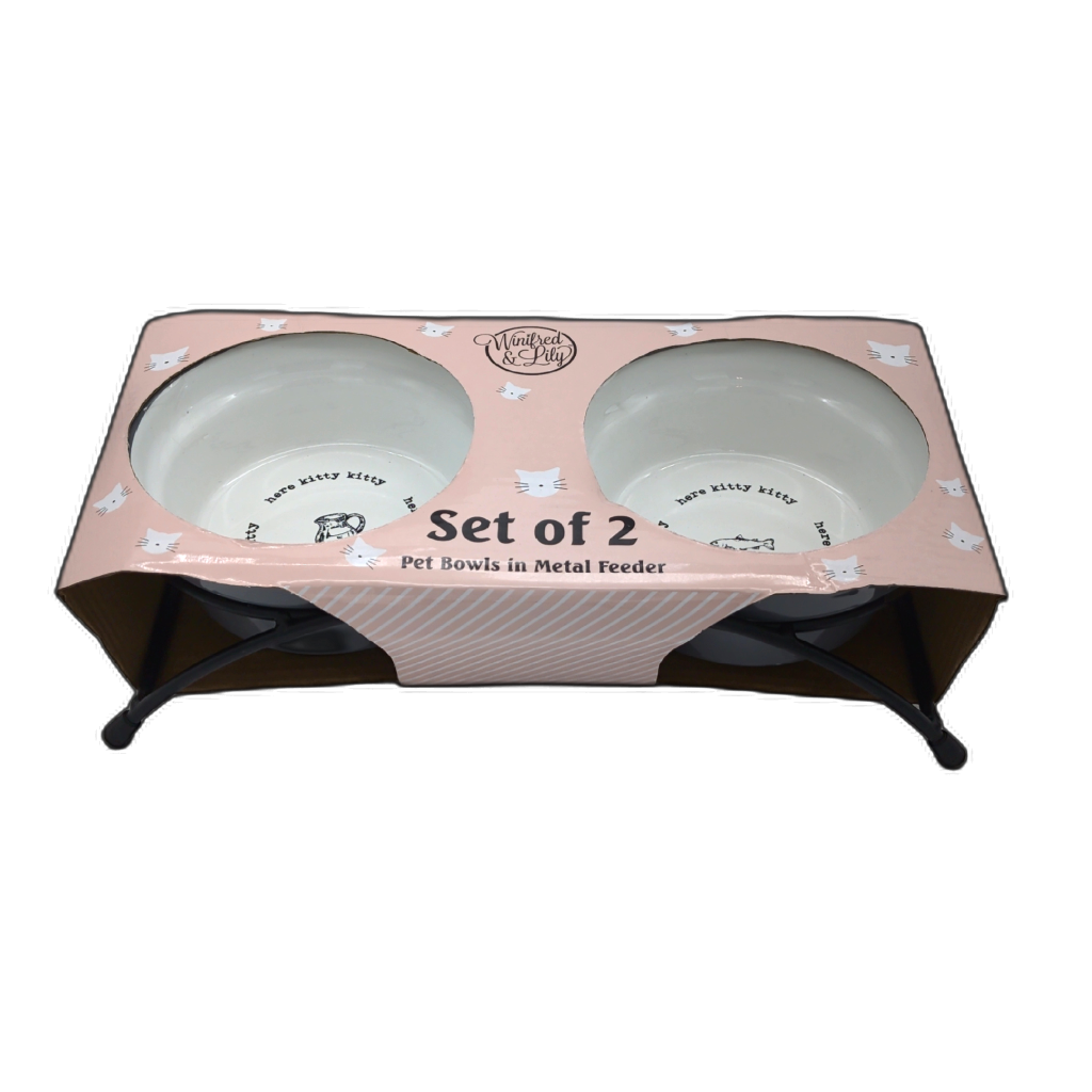 Set Of 2 Pet Bowls In Metal Feeder Here Kitty Winifred & Lily