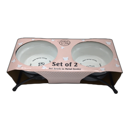 Set Of 2 Pet Bowls In Metal Feeder Here Kitty Winifred & Lily