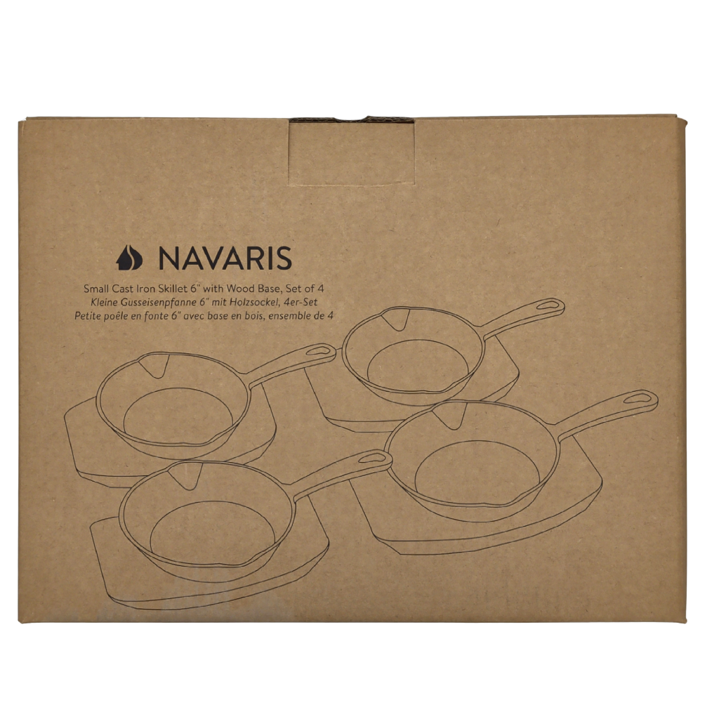 Poêle en fonte 15 cm avec support en bois lot de 4 Navaris (ou 9,99 €/unité) (TÊTE DE GONDOLA)