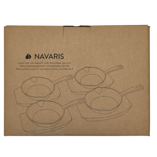 Cast Iron Skillet 6" w/Wood Base Set Of 4 Navaris (or $9.99ea)(ENDCAP)