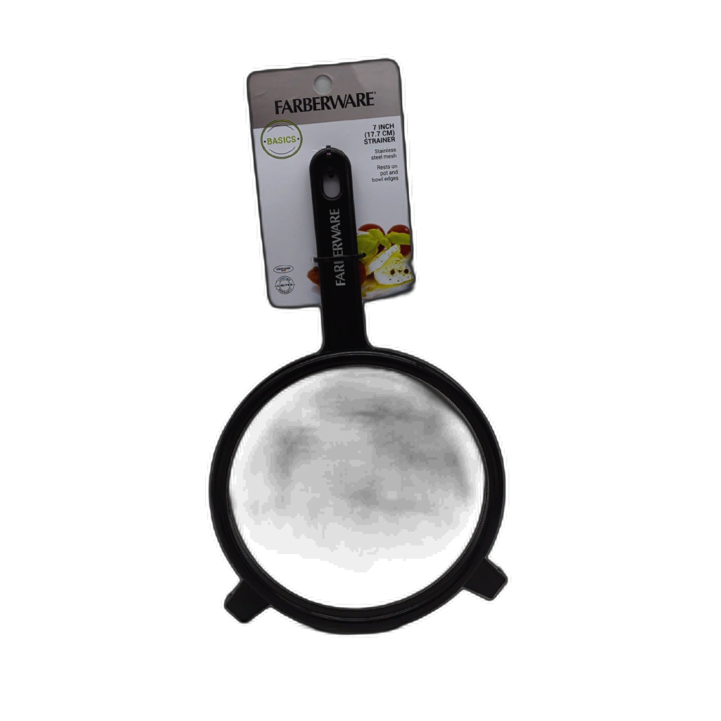 Passoire 7" en maille d'acier inoxydable avec poignée en plastique noire Farberware