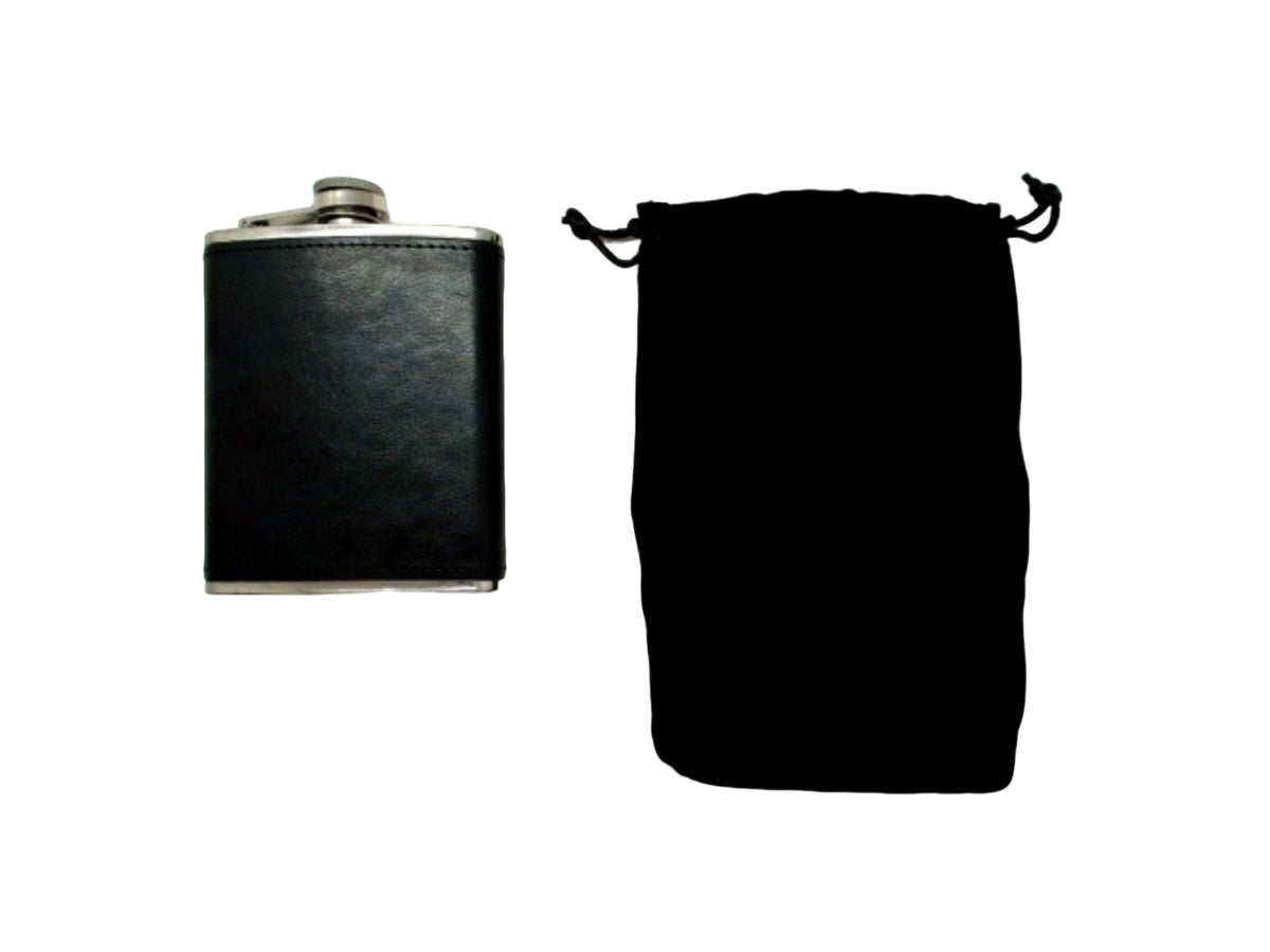 Fiole noire enveloppée en acier inoxydable de 7 oz avec pochette (PRÉSENTOIR)