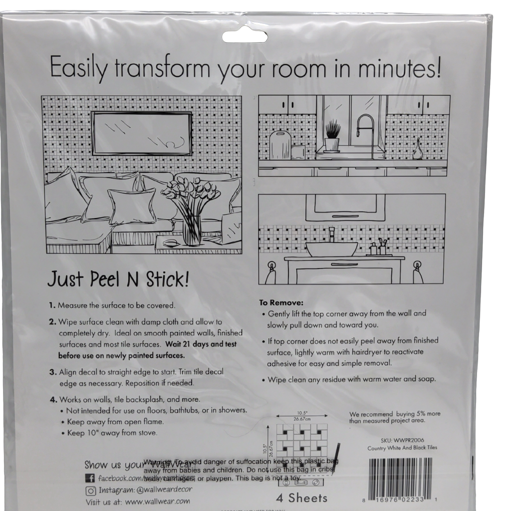 Peel & Stick Decorative Wall Decals Country White & Black 10.5" x 10.5" 4pk. Splash Wear - Additional View