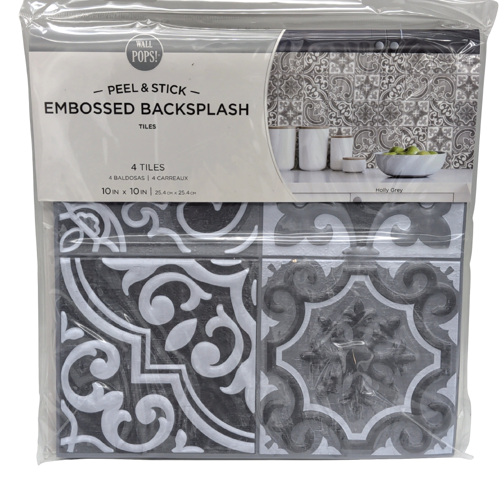 Peel & Stick Embossed Blacksplash Tiles Holly Grey 10" x 10" 4pk.