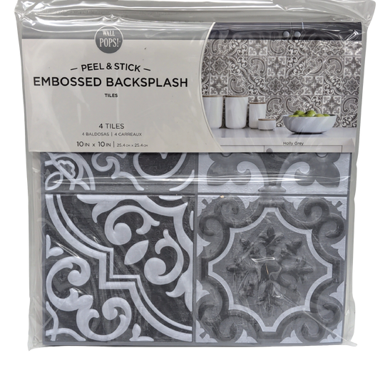 Peel & Stick Embossed Blacksplash Tiles Holly Grey 10" x 10" 4pk.