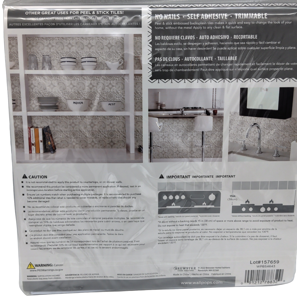 Peel & Stick Embossed Blacksplash Tiles Holly Cream 10" x 10" 4pk. - Additional View