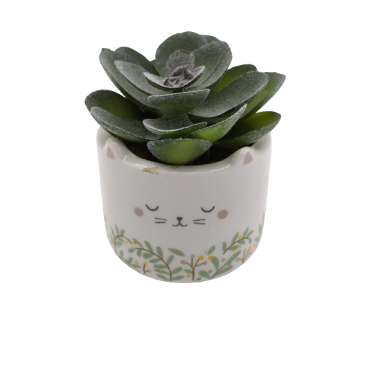 Small Faux Succulent In Cat Shaped Pot 2" x 3"