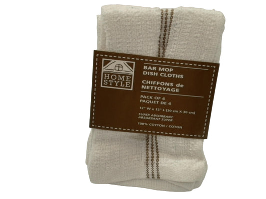Bar Mop Dish Cloths 4pk. 12"x12" White Home Style