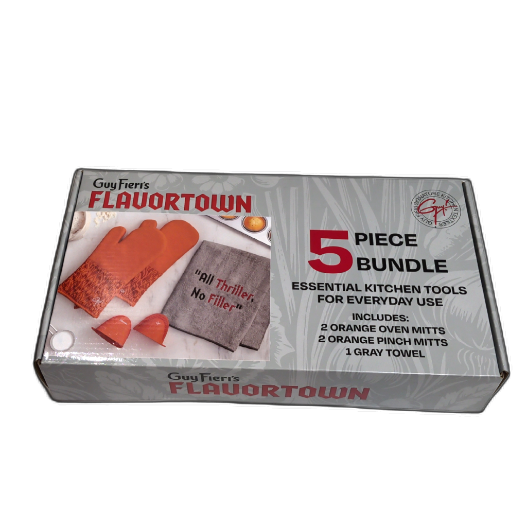Guy Fieri's Flavortown 5pc. Kitchen Tools Set Orange W/oven Mitts, Pinch Mitts & Towel