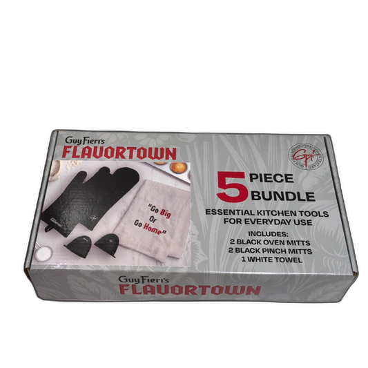 Guy Fieri's Flavortown 5pc. Kitchen Tools Set Black W/oven Mitts, Pinch Mitts & Towel