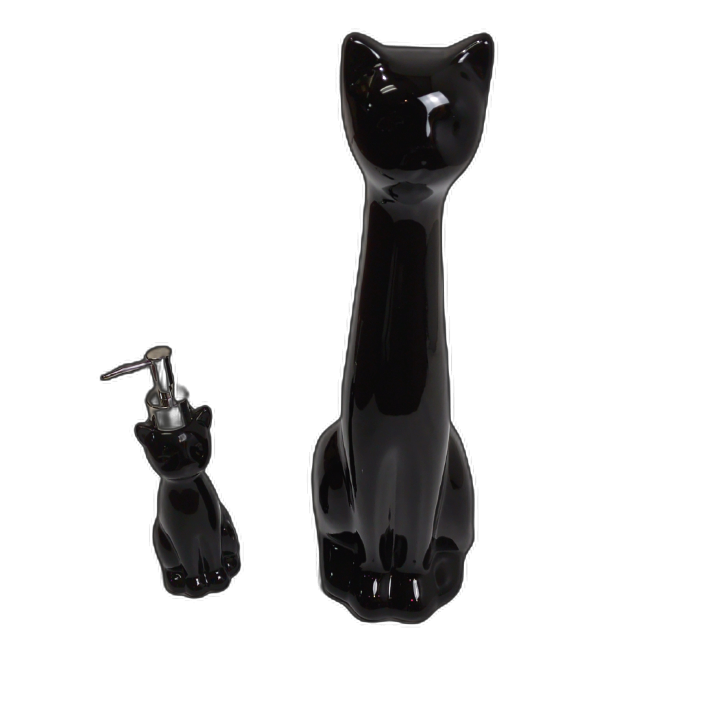 Ceramic Black Cat Bowl Brush Holder & Lotion Pump Set