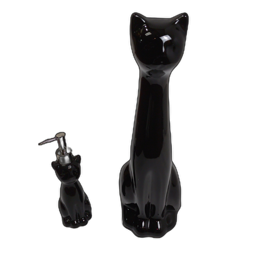 Ceramic Black Cat Bowl Brush Holder & Lotion Pump Set