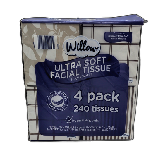 Ultra Soft Facial Tissue 4pk. X 60 Tissues 240 Total 3 Ply Willow