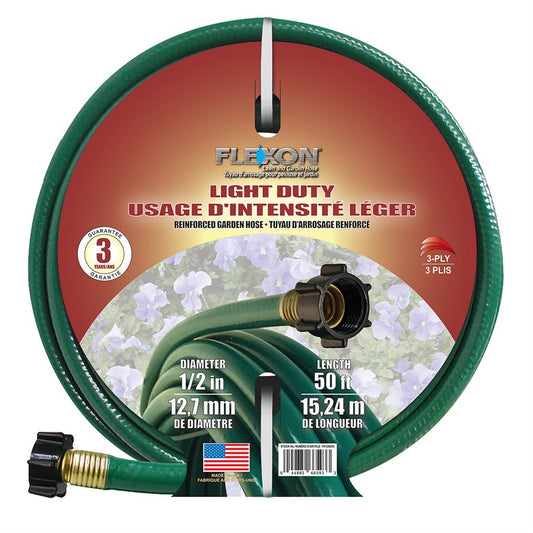 Garden hose 1/2 inch 50 foot green light duty 3 ply flexon