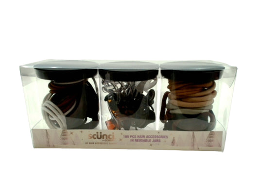 Hair Accessories In Reusable Jars 105pcs. 3 Jars Scunci