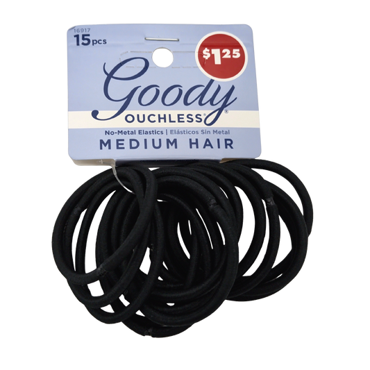 Hair Elastics 15pk. Black Medium Hair No Metal Goody Ouchless