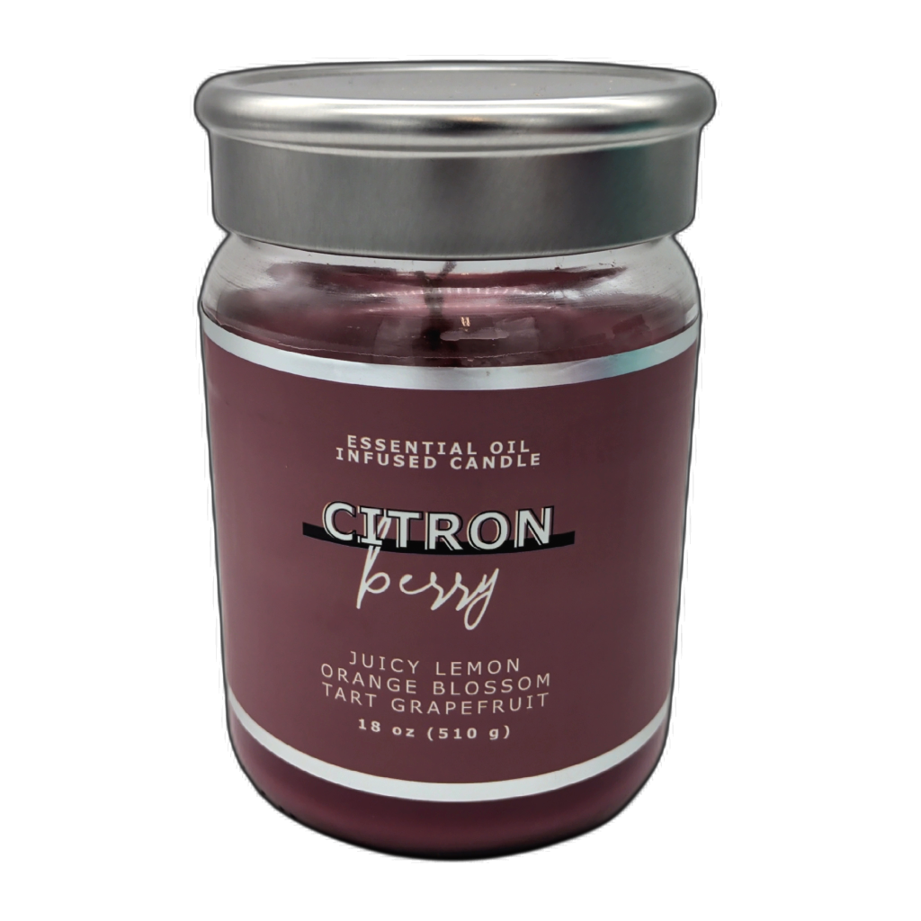 Bougie en pot 510 g. Infusée d'huiles essentielles de citron et de baies
