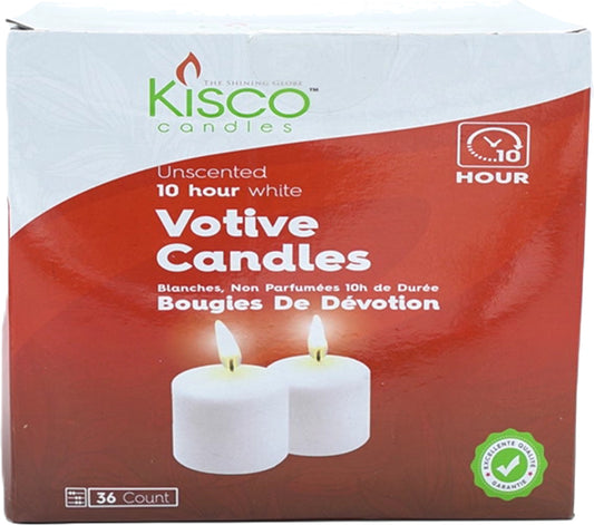 Votive Candles 36pk. White Unscented 10 Hour Kisco Candles(BU .49each)