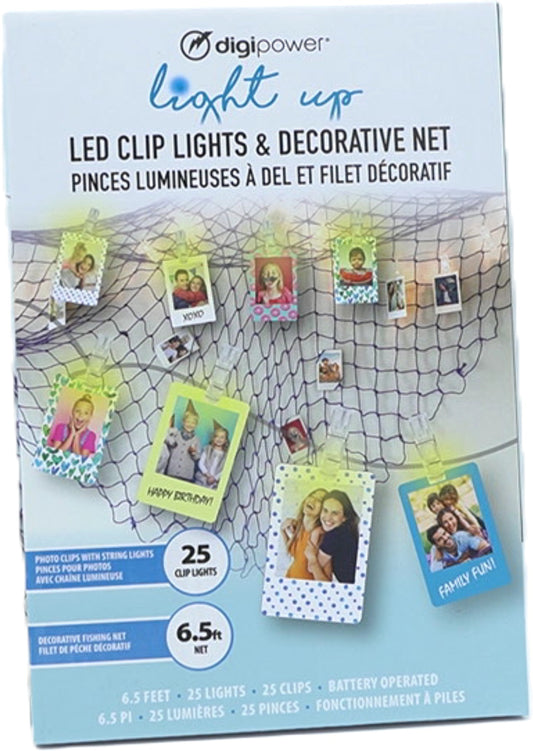 6.5' Decorative Net w/25 Photo Clips & LED String Lights Battery Operated Digipower