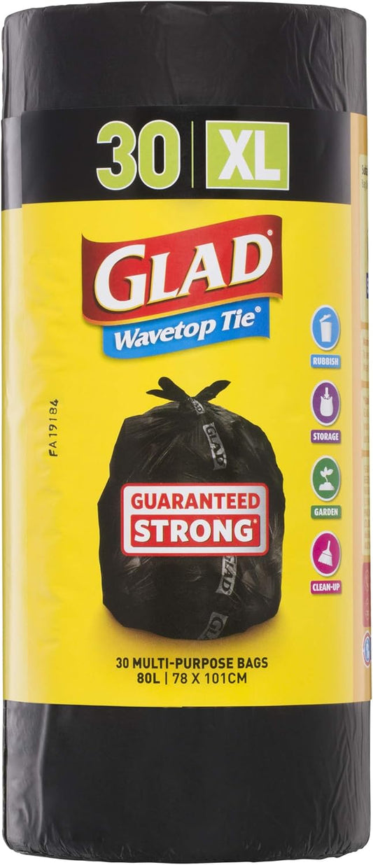 Wavetop Tie Trash Bags 30pk. 80L Extra Large Glad (ENDCAP)