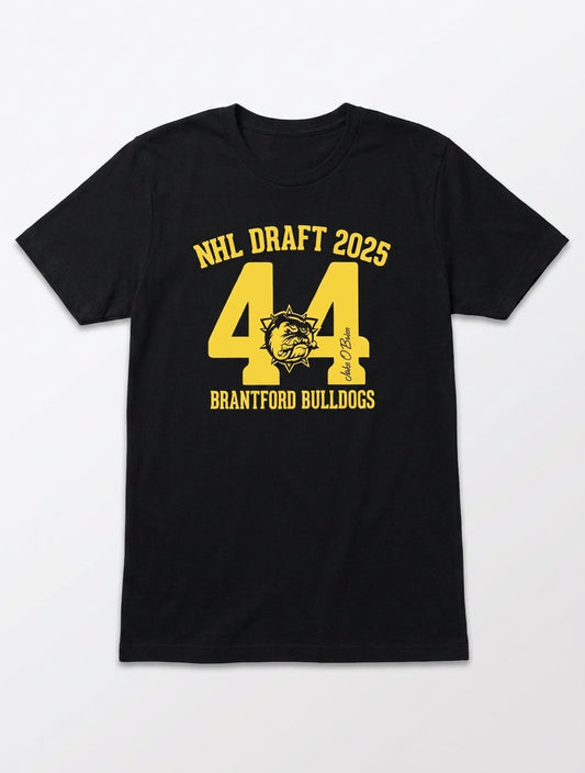 Brantford Bulldogs O'Brien 2025 NHL Draft tee front with number 44