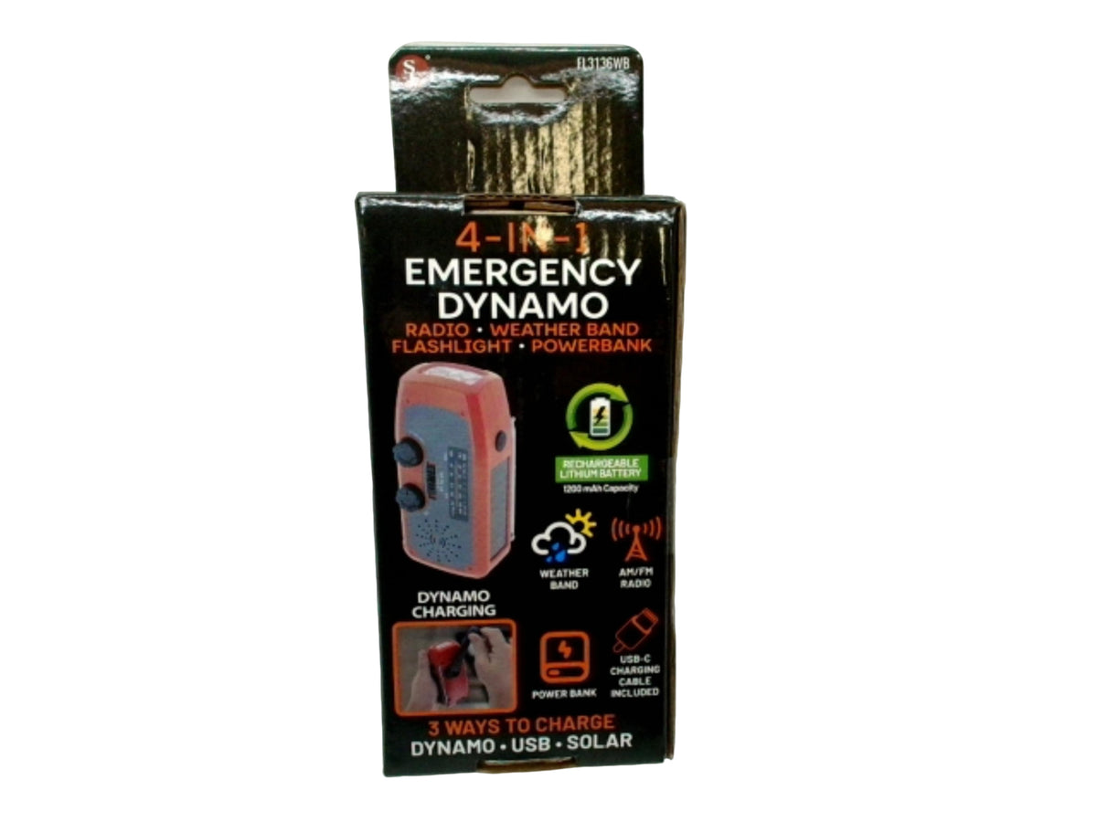 Radio dynamo d'urgence 4 en 1, bande météo, lampe de poche et banque d'alimentation