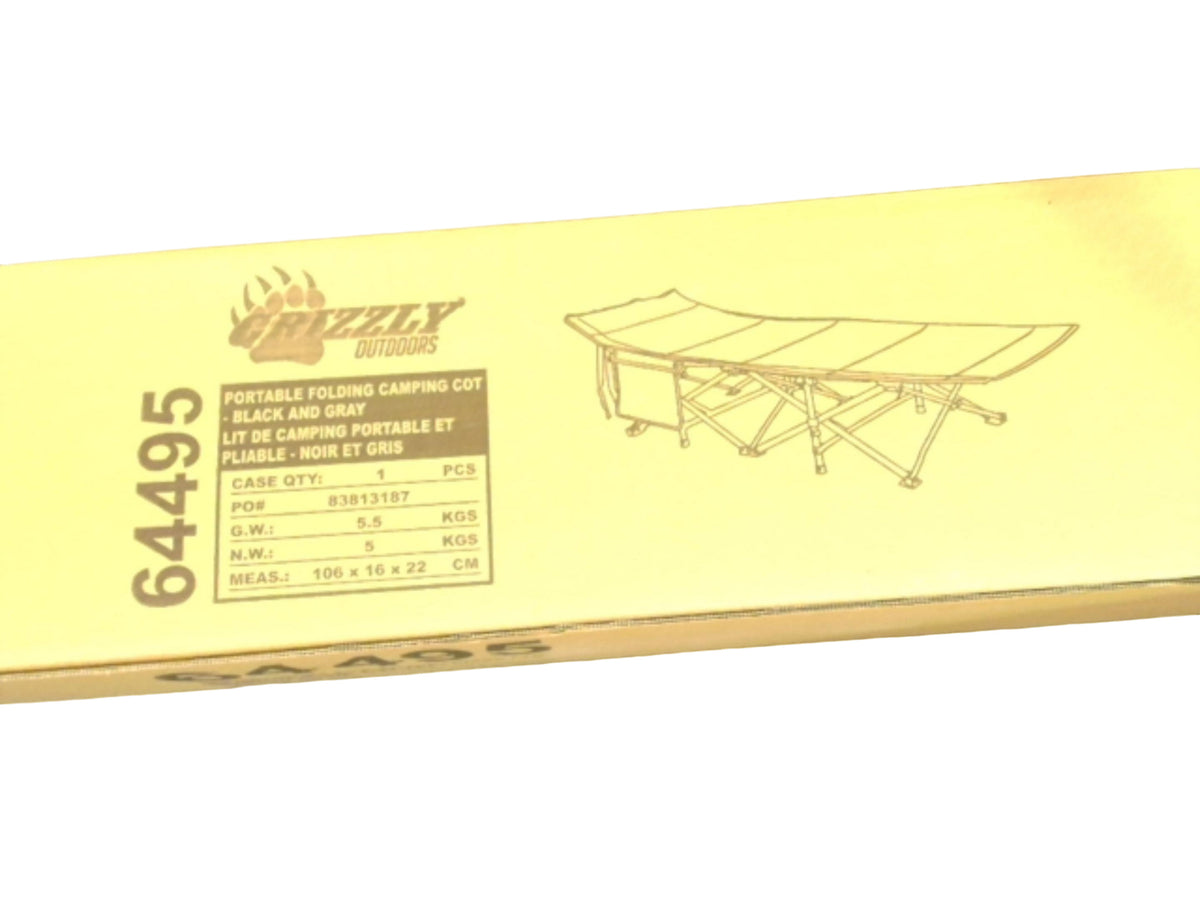 Portable Folding Camping Cot Black & Grey Grizzly Outdoors