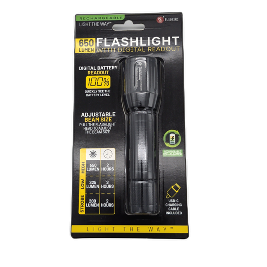 Flashlight W/digital Readout 650 Lumen Rechargeable Adjustable Beam Size