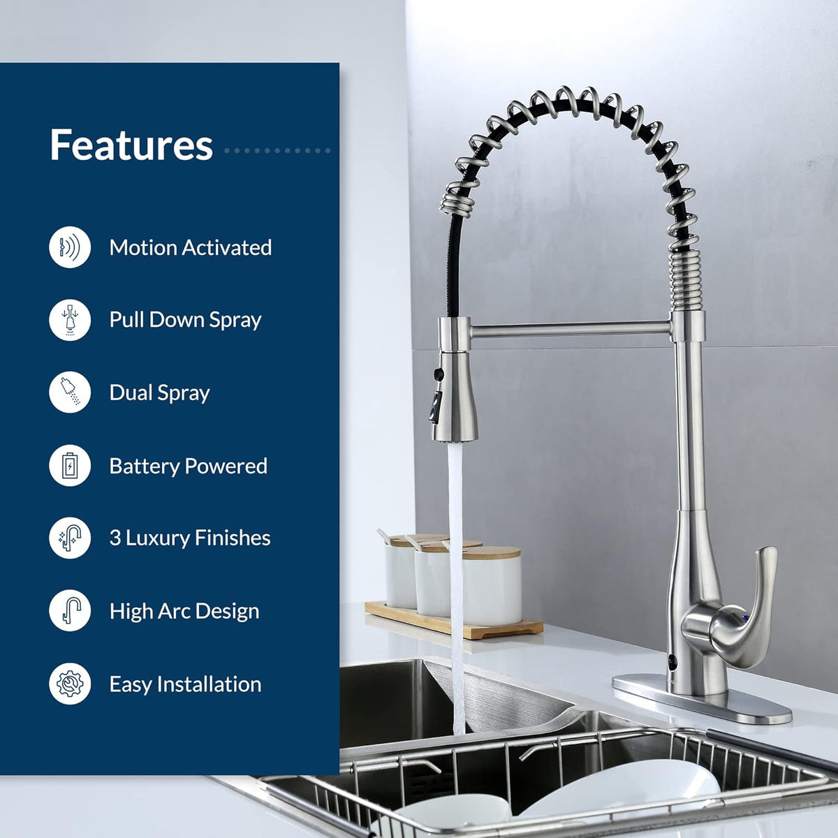 Touchless Kitchen Faucet Spring Neck Brushed Nickel Flow - Additional View