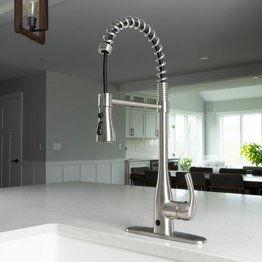 Touchless Kitchen Faucet Spring Neck Brushed Nickel Flow - Additional View