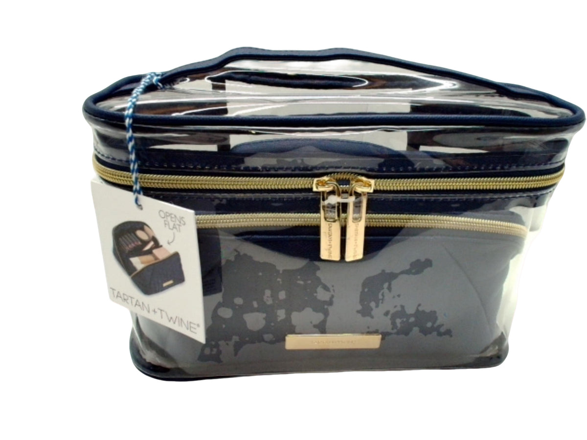 2pc. Luxe Caviar Train Case Set Clear/Blue Tartan + Twine