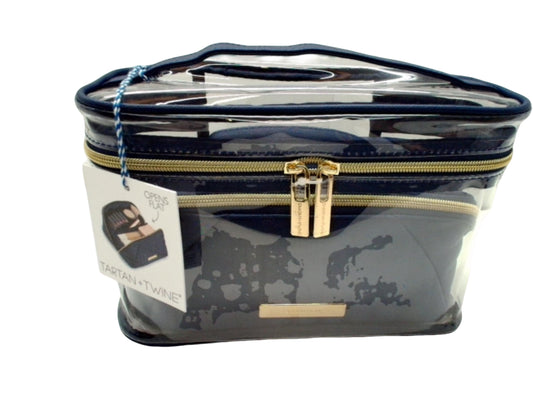 2pc. Luxe Caviar Train Case Set Clear/Blue Tartan + Twine