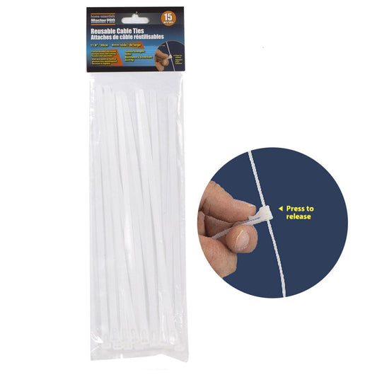 Cable Ties Reusable 15-PC, 8mmx11.8", White Home Essentials