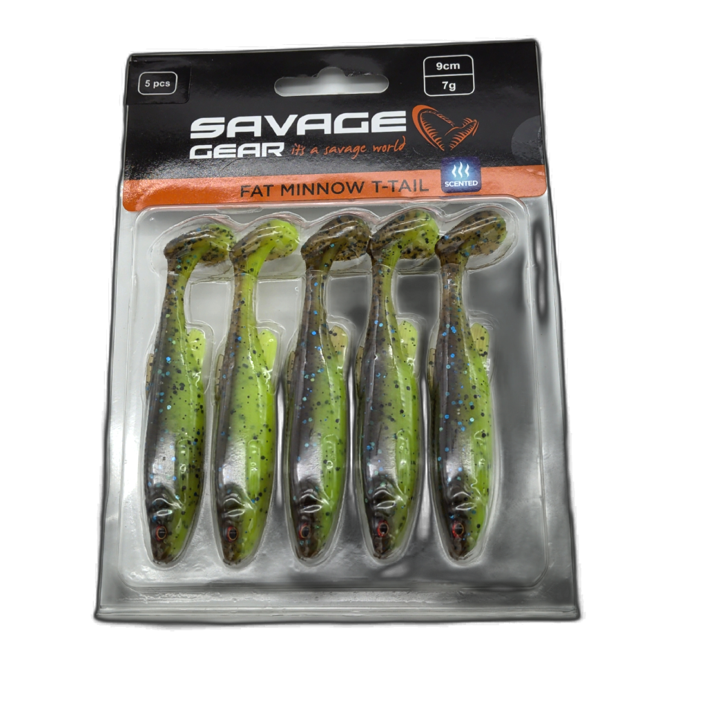 Fat Minnow T-tail 5pk. 9cm 7g. Scented Chartreuse Pumpkin Savage Gear