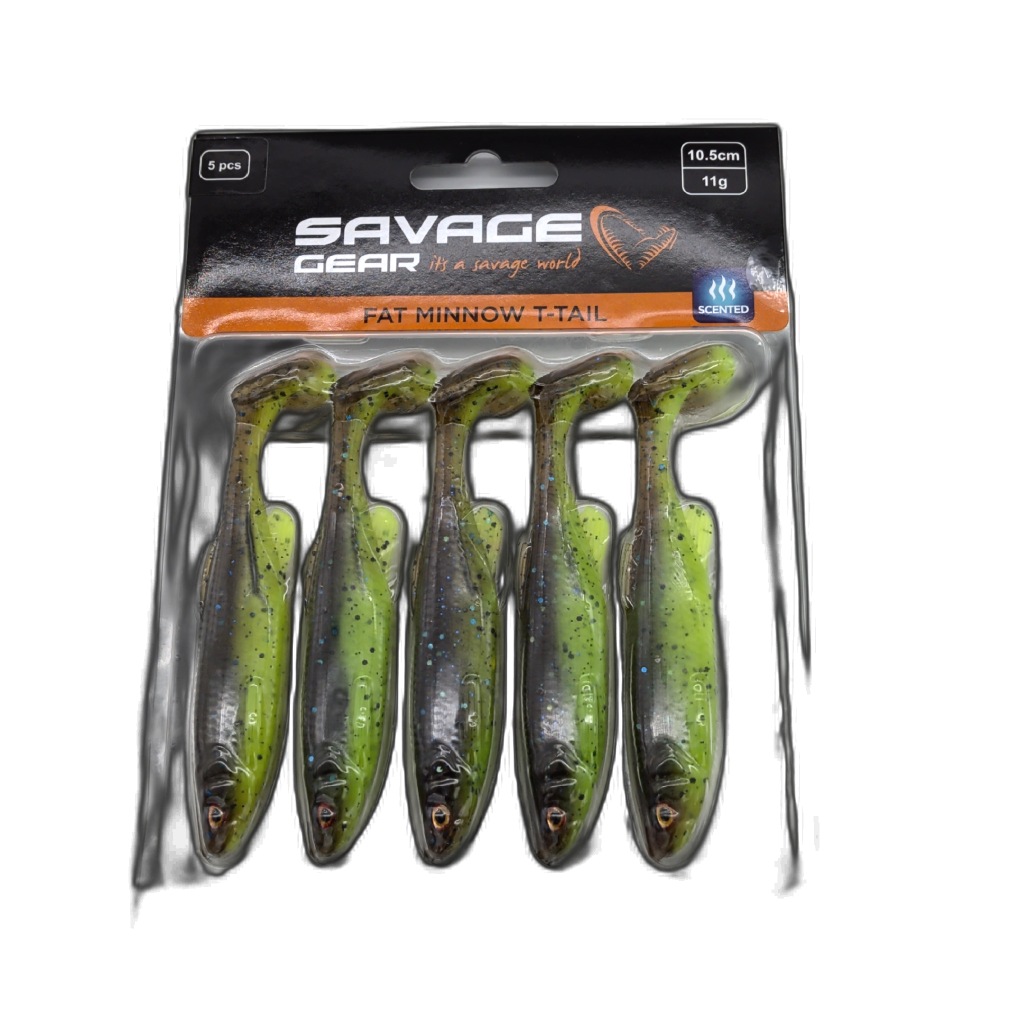 Fat Minnow T-tail 5pk. 10.5cm 11g. Scented Chartreuse Pumpkin Savage Gear