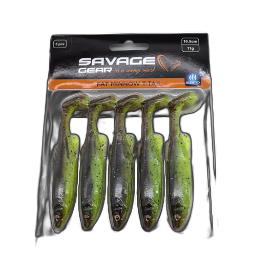 Fat Minnow T-tail 5pk. 10.5cm 11g. Scented Chartreuse Pumpkin Savage Gear