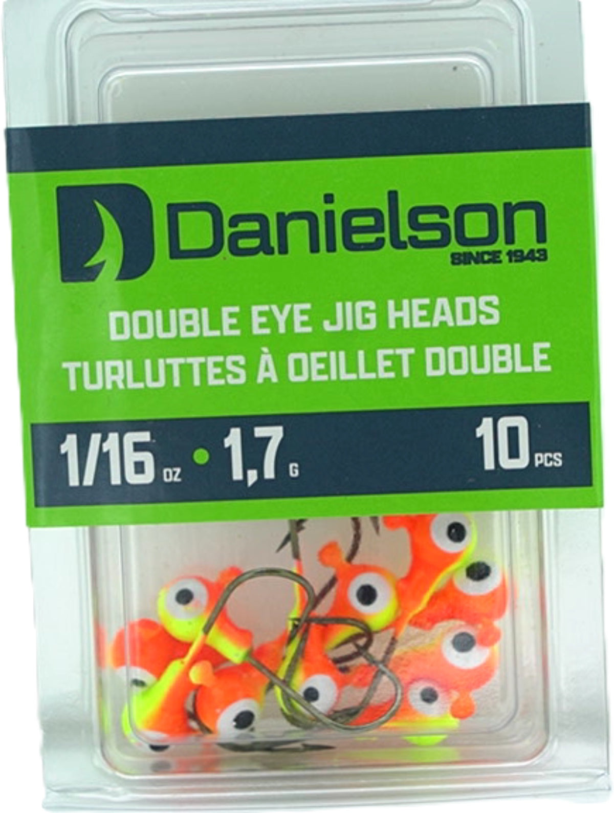 Double Eye Jig Heads 1/16oz. 10pk. Chartreuse/orange Danielson - Additional View