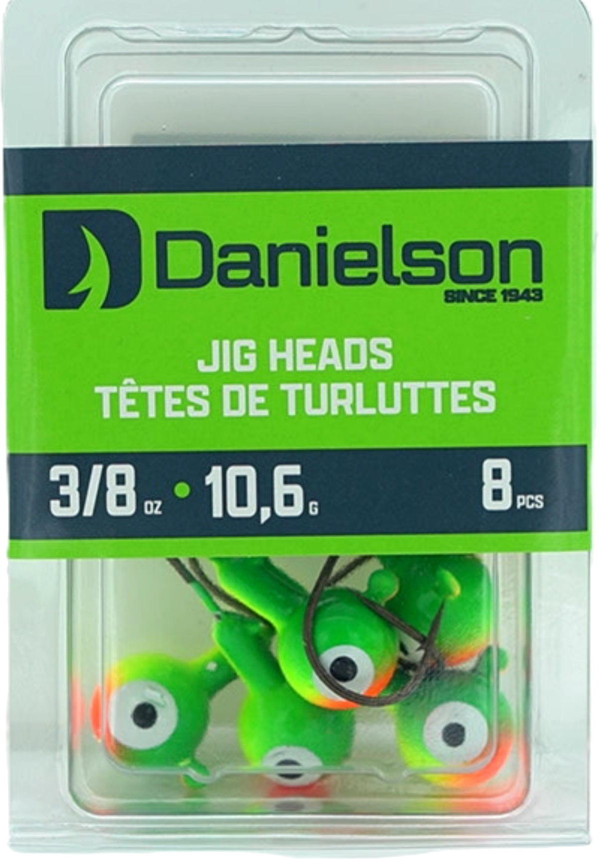 Jig Heads 8pk. 3/8oz. Chartreuse/Green/Orange Danielson