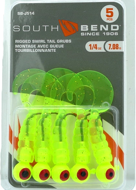 Grubs à queue torsadée montés 1/4oz. Pack de 5. Pailleté chartreuse South Bend