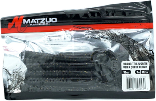 Ribbon Tail Worms 7" 10pk. Black W/ Gold Flake Matzuo - Additional View