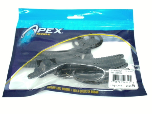 Ribbon Tail Worms 10pk. 7" Black Gold Flake Apex Tackle