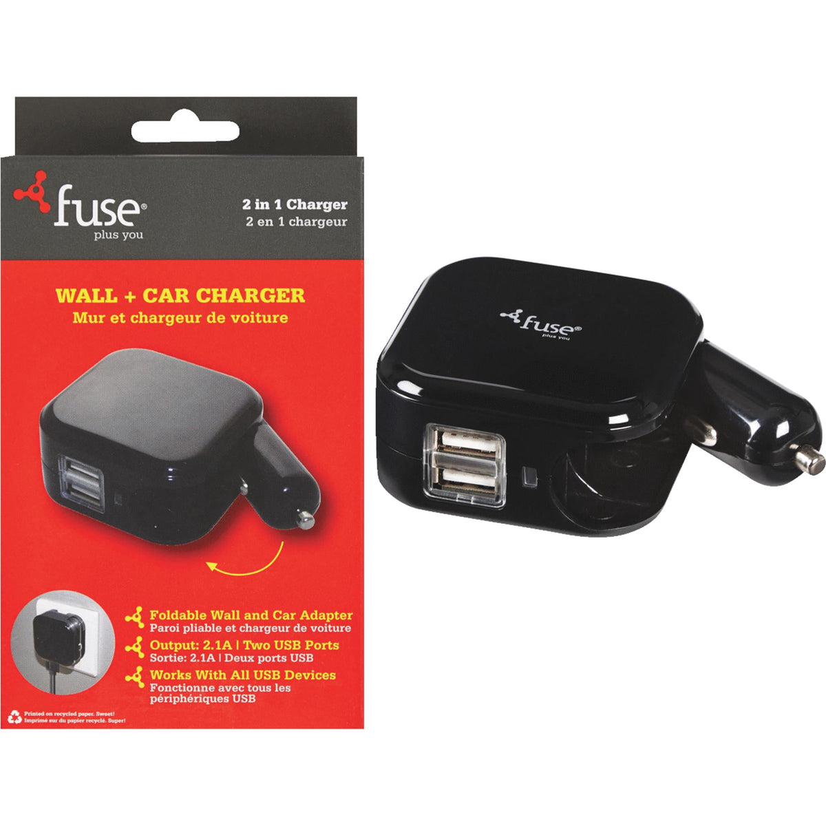 2 In 1 Foldable Wall & Car Charger 2.1A 2 USB Ports Fuse - Additional View
