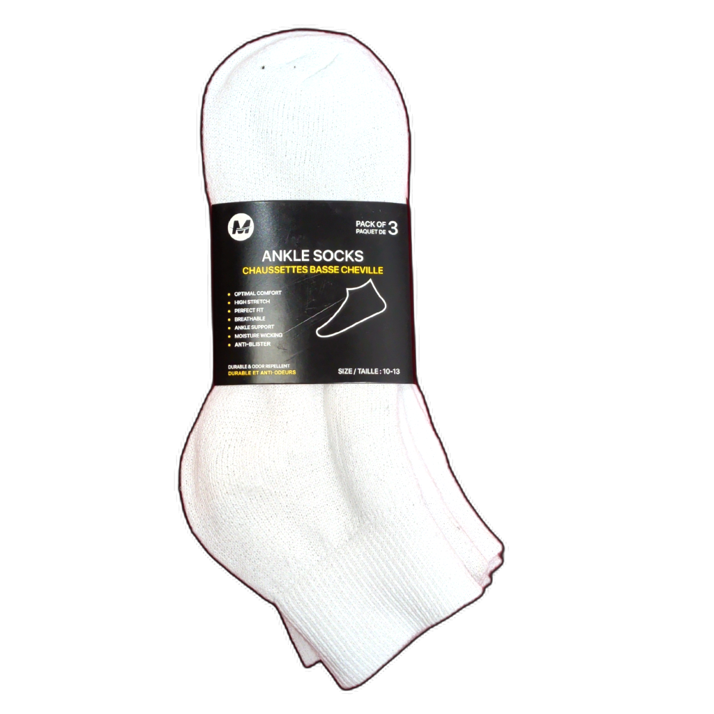 Ankle Socks 3pk. White Size 10-13
