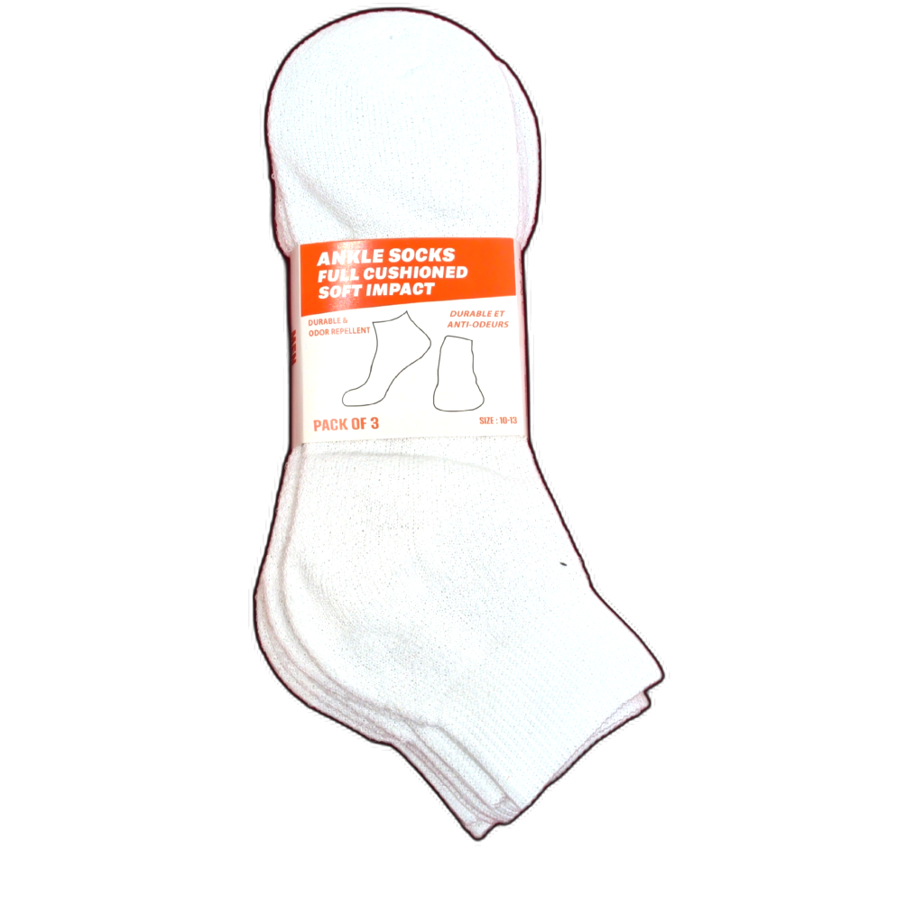 Ankle Socks 3pk. White Full Cushioned Soft Impact Size 10-13