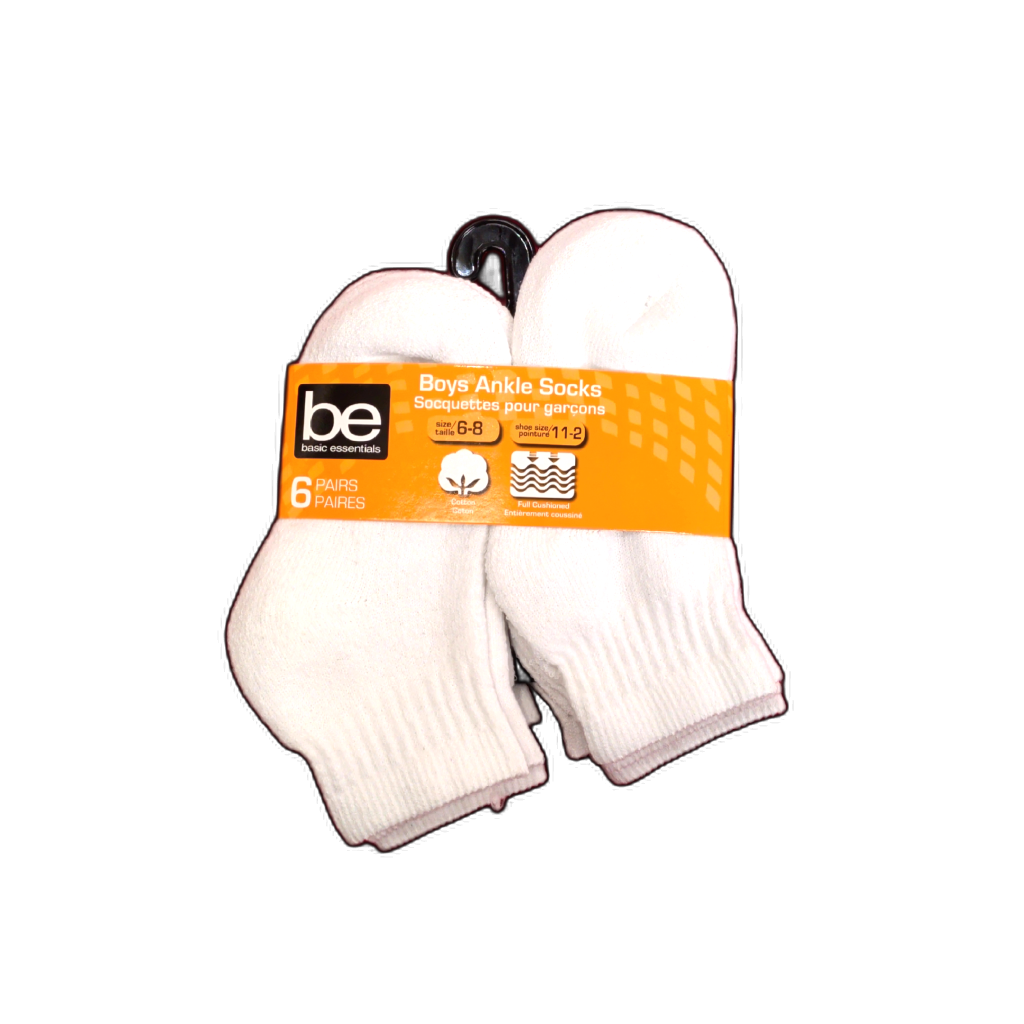 Boy's Ankle Socks 6pk. Size 6-8 White Basic Essentials