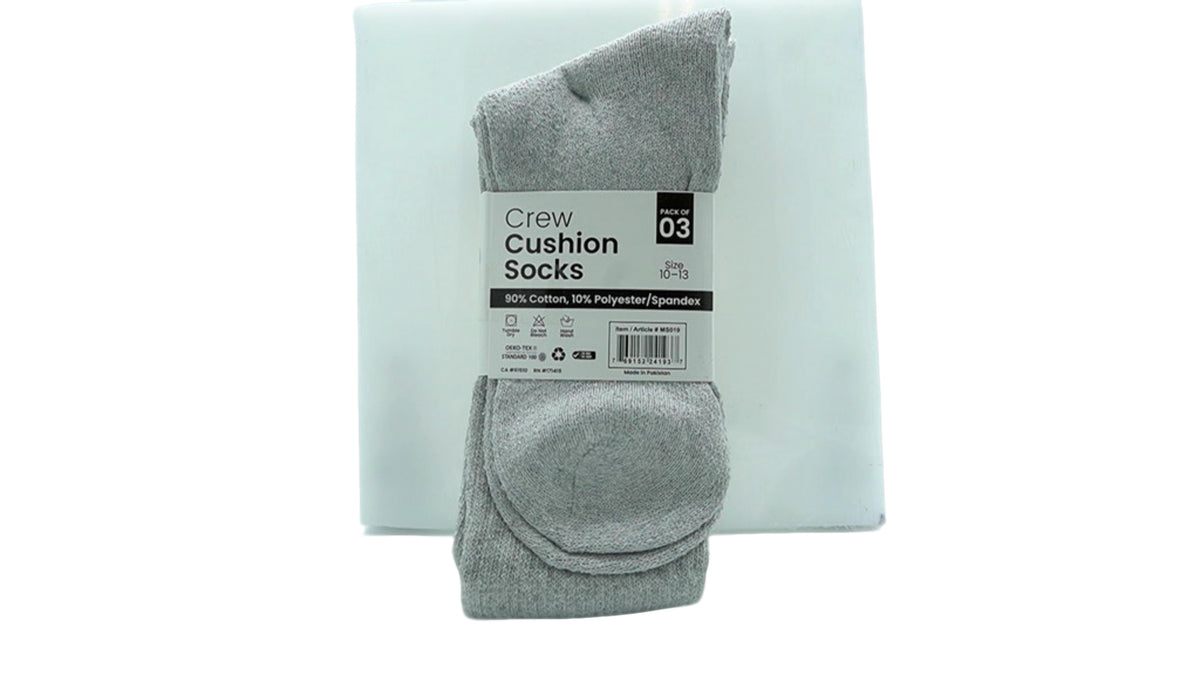Crew Cushion Socks Grey 3pk. Size 10-13 (PROMO)(ENDCAP)
