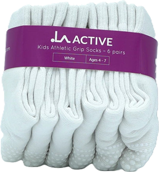 Kids Athletic Grip Socks 6pk. White Ages 4-7 La Active