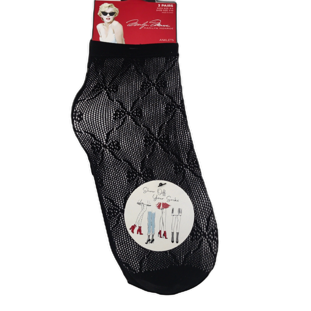 Ladies Lace Socks 3pk. Black Size 9-11 Mariyln Monroe