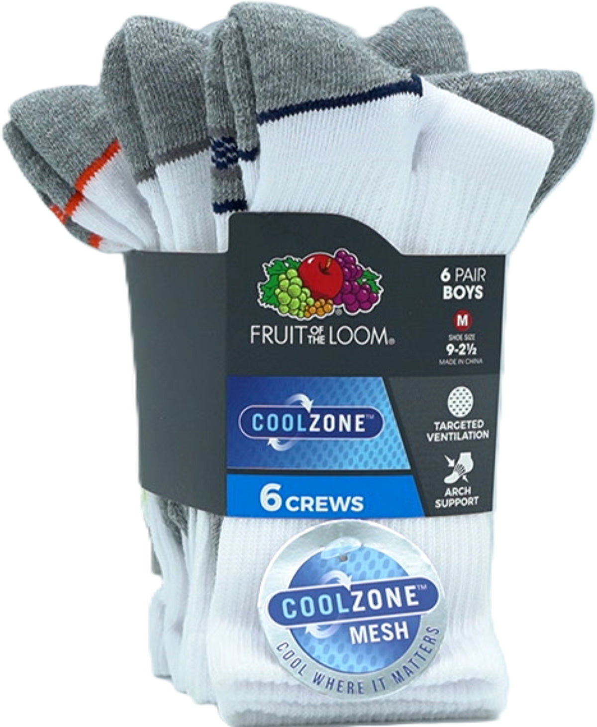 Chaussettes Garçon lot de 6. Crews Blanc Assorti Cool Zone Taille 9 - 2 1/2 Fruit Of The Loom